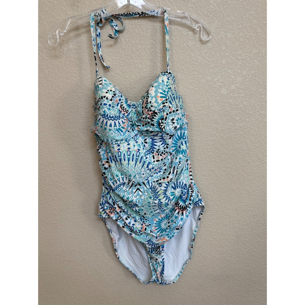 Helen Jon Blue Geo Twist Front One Piece Swimsuit Women XL Geometric Print